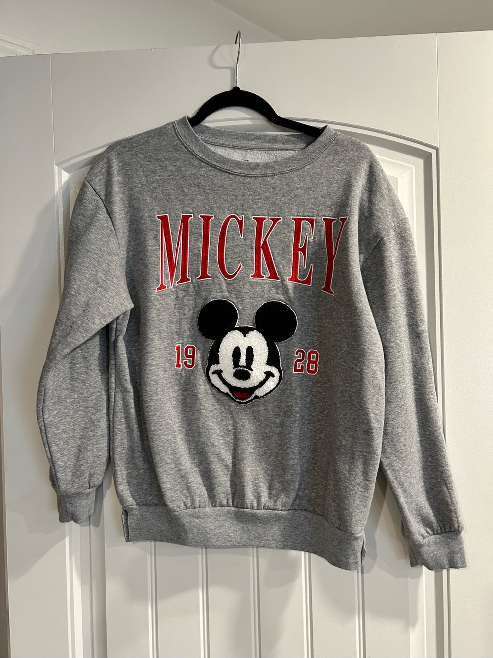 Disney Gray Crewneck with Red Mickey Lettering and detailed Mickey face